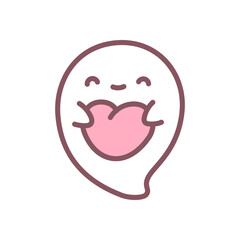 Cute ghost icon. Funny little ghost character holding big heart in hands. Doodle illustration isolated on white background. Kawaii sticker. Vector 10 EPS.