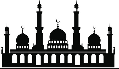 Silhouette of mosque with domes and minarets, Islamic architecture vector, black mosque clipart, religious building illustration, Arabic style art