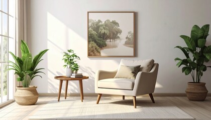 Fototapeta premium A beige armchair, wooden coffee table, and houseplants sit in a bright, airy room, accented by a framed artwork.