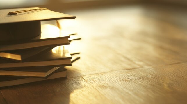 A collection of stacked graduation caps rests on a wooden surface, illuminated by soft sunlight. The scene captures the excitement and joy of academic achievement during graduation season