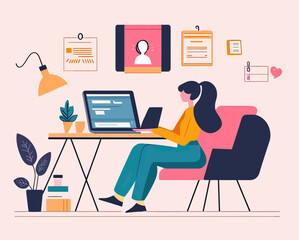 Fototapeta premium Remote work home office woman sitting at desk with laptop video conference online communication flat vector illustration