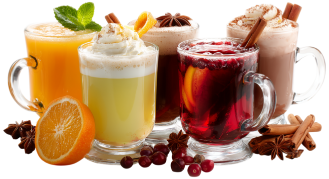 Christmas mulled wine, hot chocolate, eggnog, apple cider. Colorful selection of warm and cold beverages, showcasing seasonal fruits, rich spices, and fresh garnishes in festive glassware.