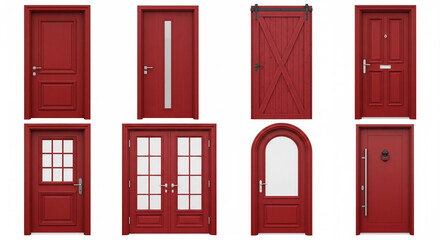Diverse Red Doors Collection with Modern, Traditional, and Barn Styles, Isolated on transparent background