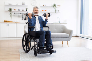 Mature Caucasian man in wheelchair exercising with dumbbells in bright indoor environment portraying determination, fitness, and healthy lifestyle. Well-dressed, middle-aged individual