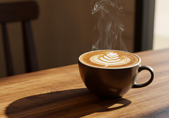 Coffee Serenity: A steaming cup of latte art on a wooden table, the soft light of day creating a tranquil moment.