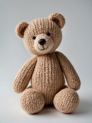 Obraz premium Handmade Knitted Teddy Bear Plush Toy Isolated on Light Background, Cute Soft Stuffed Animal for Children, Craft Gift and Nursery Decor