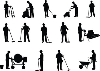 Fototapeta premium Silhouettes of construction workers performing tasks, cleaning, lifting, operating machinery, using tools, working safely on industrial job site