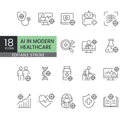 A set of vector icons representing artificial intelligence applications in modern healthcare and medical technology, created in line style with editable stroke