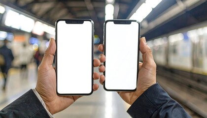 Two hands holding smartphones with blank screens in a subway station.