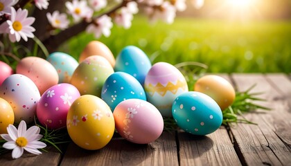 Colorful Easter eggs on a wooden surface with spring blossoms