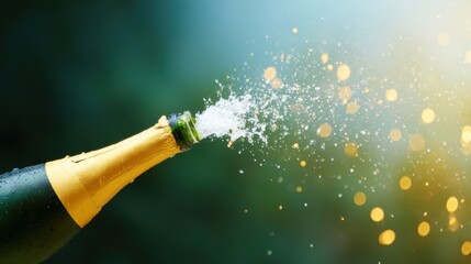 Sparkling champagne bottle releasing bubbles during a celebration event
