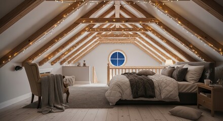 Cozy attic bedroom with exposed beams, fairy lights, and a round window showing a starry night