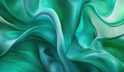 Fototapeta premium Green silk background, flowing fabric in shades of green and teal, elegant curves, hyper-realistic, close-up view, soft lighting, digital art, high resolution, sharp focus, seamless texture