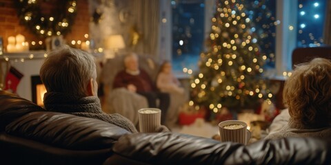 Obraz premium Two elderly individuals sitting on a couch, enjoying a warm beverage and watching television in a cozy living room decorated for Christmas, with a Christmas tree and festive lights in the background.
