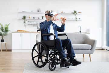 Senior man sitting in wheelchair wearing virtual reality headset exploring technology in modern home. Bright spacious interior with comfortable furnishings.