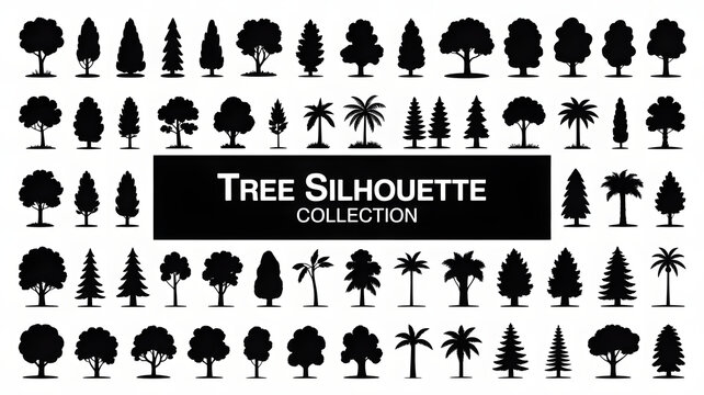 Collection of diverse tree silhouettes, including deciduous and coniferous species, isolated on a white background, perfect for design and illustration projects