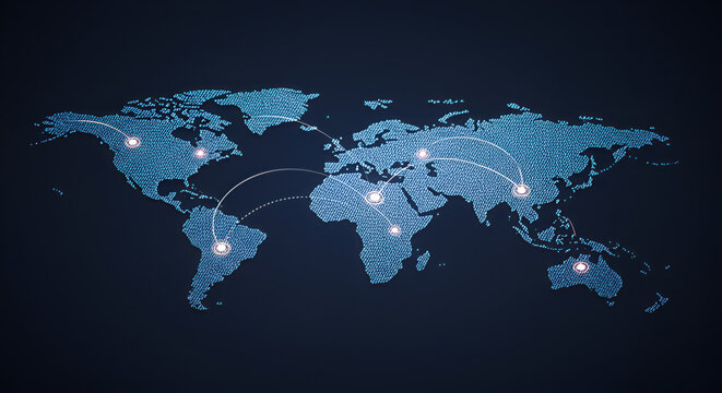 Abstract digital illustration of a world map with a global network of glowing lines and dots representing international business, communication, and technology