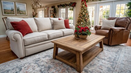 Fototapeta premium Cozy living room adorned for the holiday season with a beautifully decorated Christmas tree and comfy furniture