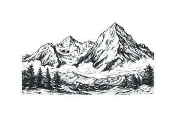 Sketch of rugged mountain peaks with pine trees and clouds on transparent background. Vector hand drawn illustration