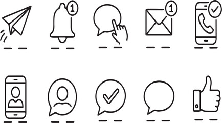 Communication, Notification, and Social Media Line Icon Set: Message, Alert, and Digital Interaction Vector