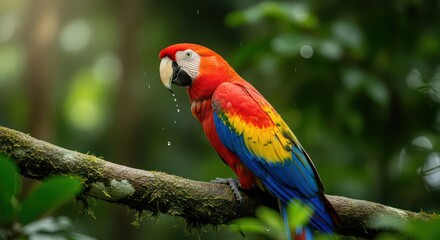 Vivid Scarlet Macaw Perched on Mossy Branch with Water Droplets