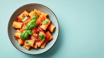 Mezze maniche pasta with tomato sauce and fresh basil on blue plate, authentic Italian cuisine top view, traditional Mediterranean food photo