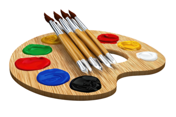 Wooden paint palette with assorted colors and paintbrushes
