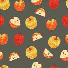 Apples and apple slices seamless pattern on white background. Hand drawn fruit illustration. Healthy food and harvest concept