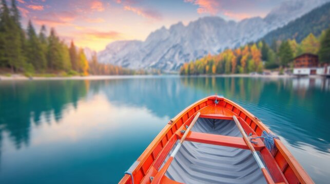 Colorful canoe floating on clear lake surrounded by mountains and trees - Powered by Adobe