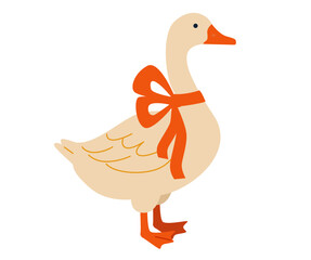 Cute goose with orange ribbon, flat farm bird vector illustration