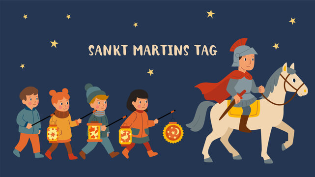 Sankt Martins Tag procession with knight and children with lanterns. Sankt Martins Day celebration.