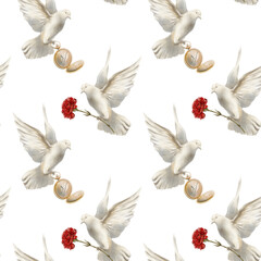 Obraz premium White pigeon soaring in air with red carnation,dove spread its wings as a symbol of the revolution's peaceful nature.Hand drawn watercolor illustration isolated on white for wedding or social designs