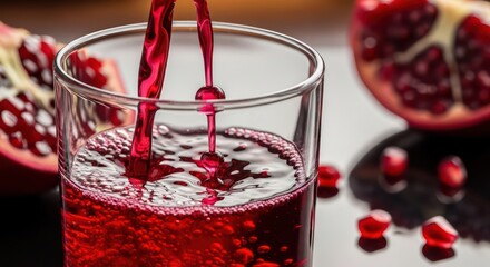 Pomegranate juice being poured into a glass with fruit and seeds nearby