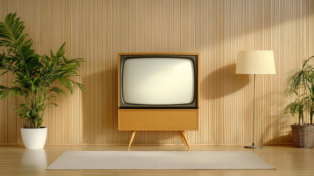 Vintage television set in cozy living room with plants and warm lighting