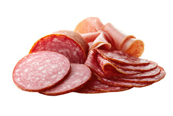 Assorted sliced cured meats.  A close-up of various sliced meats, including salami, ham, and other types, piled together.  