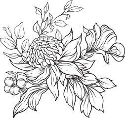 Fototapeta premium Elegant line art bouquet with layered organic shapes and fine textures ideal for nature inspired content, minimalist storytelling, or seasonal visual compositions