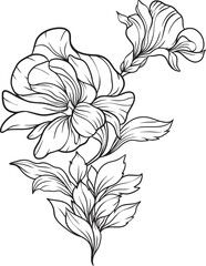 Elegant line art bouquet with layered organic shapes and fine textures ideal for nature inspired content, minimalist storytelling, or seasonal visual compositions