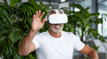 Virtual reality user smiling and engaging with immersive technology in modern setting