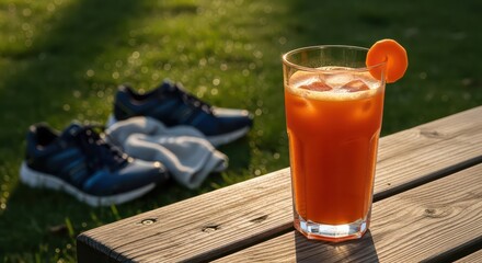 Refreshing carrot juice with ice on a sunlit wooden bench after a run
