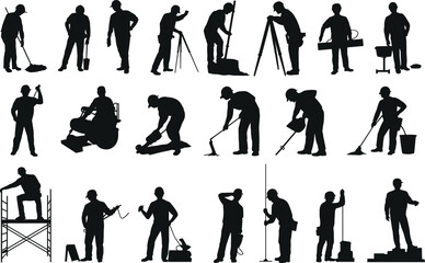 Silhouettes of construction workers with tools, safety helmets, heavy equipment, working on site, scaffolding, measuring, manual labor, industrial, building, vector illustration