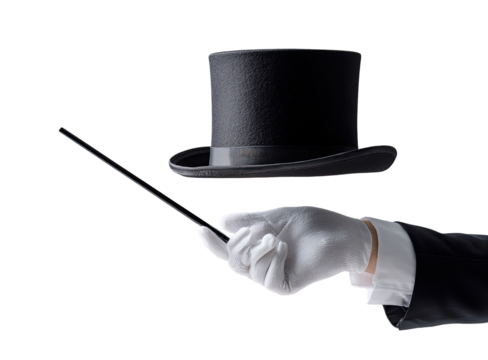 Magician's top hat and wand.  White glove holds wand