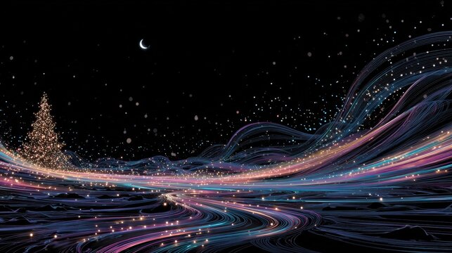 Winter's embrace: a glittering christmas tree amidst stars and snow. Communication network. Christmas night: a tree, snow, and stars create a perfect holiday scene. Data network.