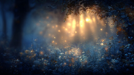 Mystical forest at dawn with golden sunlight streaming through trees, illuminating wildflowers and fireflies in a magical glow.