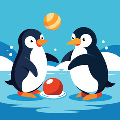 Cartoon Penguins Playing with Balls on Ice Colorful Vector Illustration of Arctic Fun and Animal Interaction