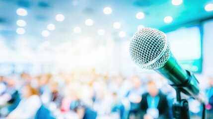 Microphone on stage at a conference with audience in background