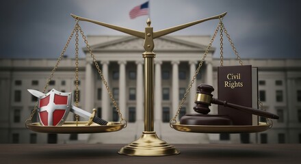 Scales of Justice: Civil Rights Book, Gavel, Shield, and Sword with American Flag