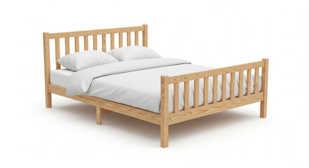 Modern Wooden Bed with Fresh White Bedding and Pillows, Isolated transparent background, Clean and Comfortable