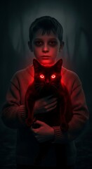 Child Holding a Dark Cat, Spooky Image.
