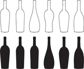 Collection of Wine Bottle Shapes: Silhouette and Outline Vector Set for Packaging Design