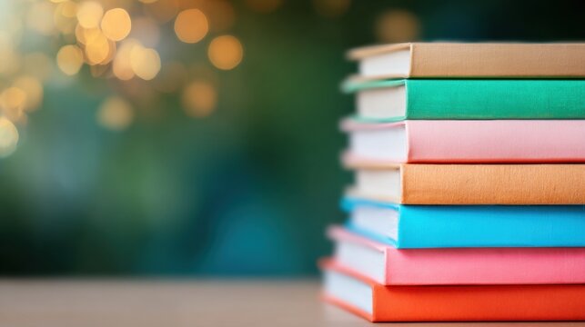 Stacked colorful books on a wooden table with a blurred background